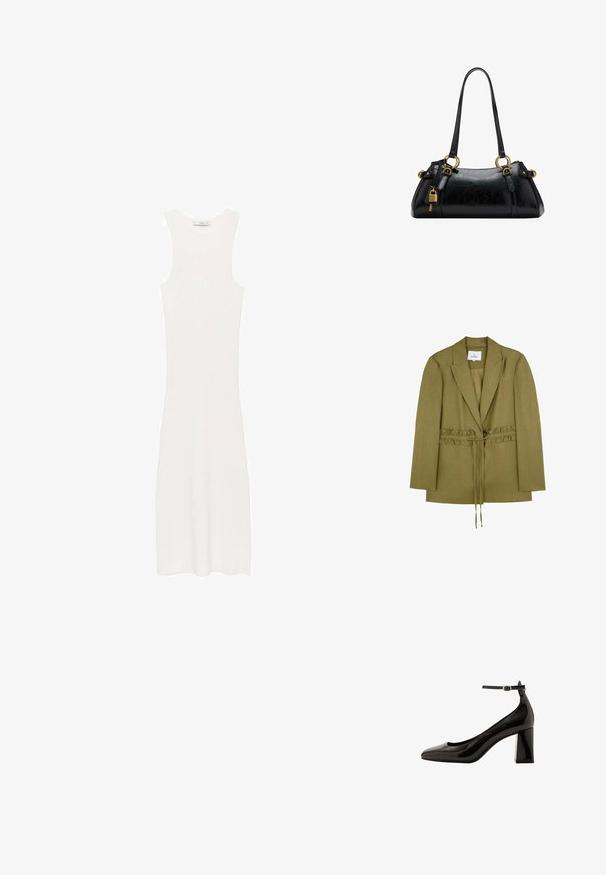 Oliwkowa, lniana marynarka z marszczonym w talii i rozpinanym przodem. Posiada długie rękawy i klapowany kołnierz.; Biała, bezrękawnikowa sukienka z prążkowanego dzianiny o dopasowanym kroju, sięgająca poniżej kolan. Prosty i minimalistyczny design, bez wzorów i dodatków.; Czarne, lakierowane szpilki z zapięciem na kostce o błyszczącym wykończeniu, z wydłużonym noskiem i grubym obcasem. Gładka struktura, minimalne detale.; Czarna skórzana torebka o gładkiej fakturze, zaokrąglonym kształcie, złotych akcentach metalowych i podwójnych uchwytach. Posiada dekoracyjny zamek z boku.