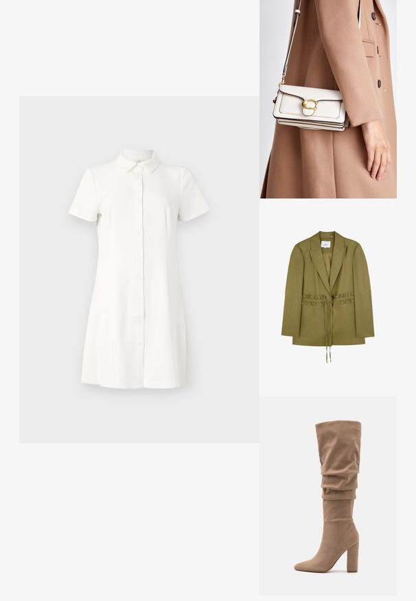 Blazer in misto lino di colore verde oliva, con vita arricciata e cinchata e apertura frontale. Presenta maniche lunghe e colletto a scollo.; Abito con maniche corte e bottone in tessuto bianco. Presenta un colletto, orlo svasato e due tasche laterali. Texture liscia con design classico.; Anna Field Stivali alti - beige; Borsa a tracolla bianca in pelle con una chiusura dorata, caratterizzata da un design strutturato, bordi in contrasto e una sottile tracolla regolabile.
