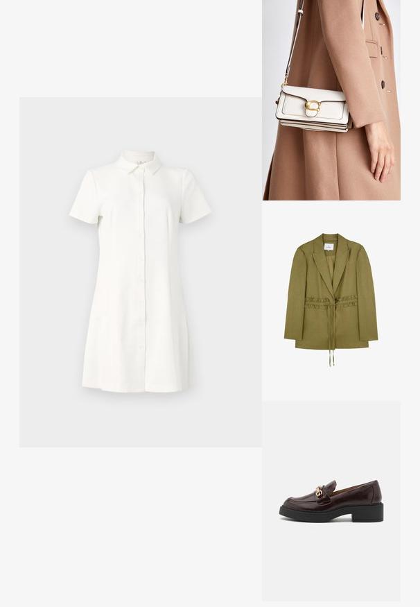Sacou dintr-un amestec de in de culoare verde măsliniu, cu talie strânsă și volane, și deschidere în față. Are mâneci lungi și guler cu colțuri.; Rochie cu mânecă scurtă, cu butoni, din material alb. Dispune de un guler, un tiv evazat și două buzunare laterale. Textură netedă, cu un design clasic.; Mocasini din piele maro cu un cataramă aurie, toc bloc negru și o textură netedă. Vedere laterală care evidențiază vârful rotunjit și detaliile cusute.; Geantă de umăr albă din piele, cu un închizător aurie, având un design structurat, margini contrastante și o curea subțire ajustabilă.