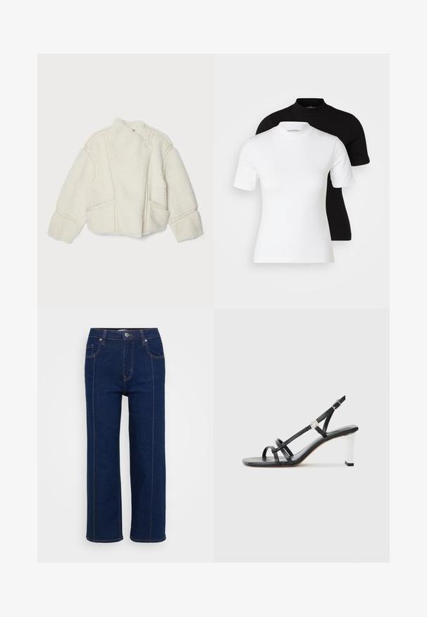 Bela ovčja jakna s visokim ovratnikom, asimetričnim zapiranjem in stranskimi žepi. Značilne so vidne šive in mehka tekstura.; Even&Odd Petite 2 PACK - Navadna majica - white/black; Temno modri ravni jeans z gumbnico, sprednjima in zadnjima žepoma ter vidno oranžnim šivom ob šivih.; Črne sandale s peto z več ozkimi trakovi, dizajn slingback in srebrnim poudarkom na peti. Gladek zgornji material in kvadratna peta.