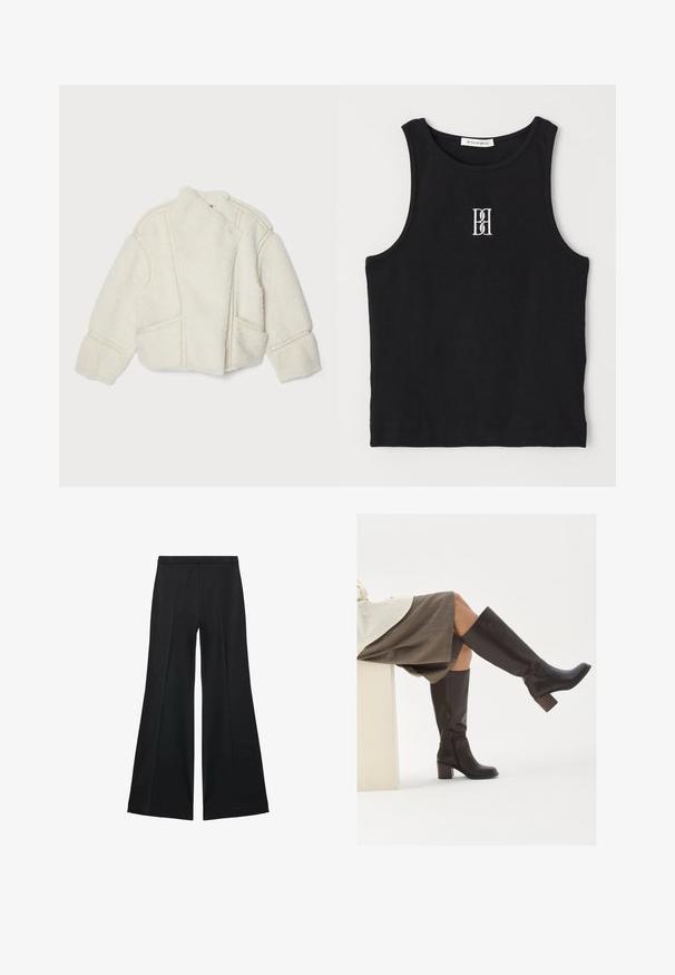 Bijela jakna od ovčje kože s visokim ovratnikom, asimetričnim zatvaranjem i bočnim džepovima. Sadrži vidljive šavove i mekanu teksturu.; Crna rebrasta majica bez rukava s okruglim izrezom i izvezenim logotipom u bijeloj boji. Tkanina ima glatku teksturu i prilagođen je kroj.; Crne široke hlače s glatkom teksturom, koje imaju prednje nabore i kroj po mjeri. Tkanina je lagana i lepršava.; Smeđe kožne čizme do koljena sa četvrtastim vrhom, robusnim potpeticama i bočnim zatvaračem. Glatka tekstura s sjajnim finišem.