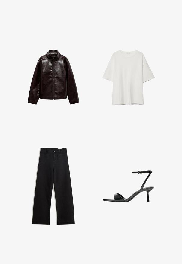 Brązowa kurtka z sztucznej skóry z wysokim kołnierzem, pełnym zamkiem błyskawicznym i gładką, błyszczącą teksturą. Posiada luźny krój i długie rękawy.; Biała koszulka z krótkim rękawem z okrągłym dekoltem i luźnym krojem. Wykonana z gładkiego materiału bez widocznych wzorów lub akcentów.; Czarne dżinsowe spodnie o szerokich nogawkach i wysokim stanie, z przednimi i tylnymi kieszeniami, przeszyciami oraz zapięciem na guziki. Gładka struktura.; Bershka - Sandały na obcasie