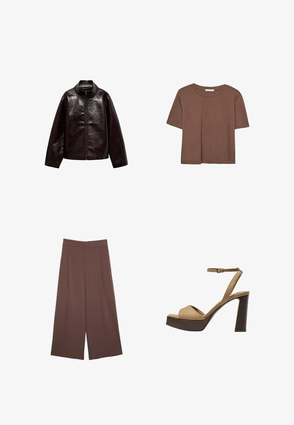 Braune Kunstlederjacke mit hohem Kragen, durchgehendem Reißverschluss und einer glatten, glänzenden Oberfläche. Hat einen lässigen Schnitt und lange Ärmel.; Braunes, kurzärmliges T-Shirt aus weichem Material mit rundem Halsausschnitt und lockerer Passform. Keine sichtbaren Muster oder Akzente.; Braune Weite-Leg-Hosen mit einer glatten Textur, hoher Taille und Vorderfalten. Der Stoff ist leicht und fällt locker.; Beige Wildleder-Pumps mit hohem Absatz, breitem Vorderband und Knöchelriemen, ausgestattet mit einem klobigen Holzblockabsatz mit strukturiertem Finish.