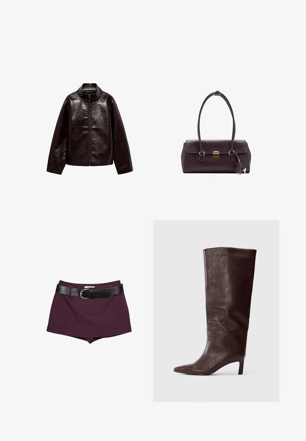 Bruine neplederen jas met een hoge kraag, volledige ritsluiting en een gladde, glanzende textuur. Beschikt over een ontspannen pasvorm en lange mouwen.; Bordeaux lang verbrande top met een ronde halslijn en duimopeningen, gecombineerd met witte hooggetailleerde broek. Glad materiaal en rekbare textuur.; Bordeauxrode shorts met een zwarte leren riem. Het ontwerp heeft een gladde textuur en een aansluitende vorm, met een brede riem die met een gesp is vastgemaakt.; Hoge, donkerbruine leren laars met spitse neus en slanke, middelhoge hak op een effen witte achtergrond.; Bordeaux lederen handtas met een gestructureerd ontwerp, korte handvatten, een gouden rechthoekige sluiting en een afneembare kwastaccent.