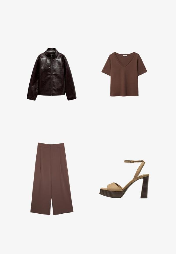 Smeđa jakna od umjetne kože s visokim ovratnikom, punim zatvaračem i glatkom, sjajnom teksturom. Ima slobodan kroj i duge rukave.; Smeđa pamučna majica kratkih rukava s dubokim V-izrezom. Jednostavan dizajn, mekana tekstura i ravni rub. Bez uzoraka ili naglasaka.; Smeđe hlače širokog kroja s glatkom teksturom, koje imaju visok struk i nabore sprijeda. Tkanina je lagana i slobodno se kreće.; Beige suedirane sandale s visokim potpeticama, širokom prednjom trakom i trakicom oko gležnja, s debelom drvenom blok-potpeticom s teksturiranim završetkom.