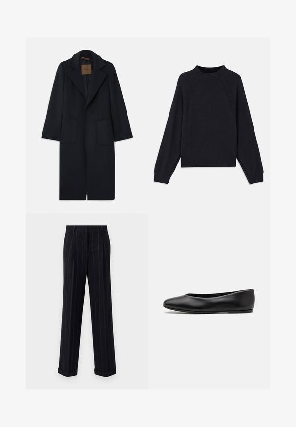 Marineblå uldfrakke med skræddersyet silhuet, spidse klapper, to lommer foran og lige skæring. Glat tekstur og minimalistisk detaljering.; Mørkeblå sweater med rund halsudskæring, lange raglanærmer, ribbede manchetter og lige nederkant. Fremstillet af et blødt, tekstureret strikmateriale.; Sorte pinstripede bukser med en skræddersyet pasform, der har en manchetkant og frontfolder. Lavet af glat stof med et struktureret design.; Paul Smith TOPANGA - Ballerinasko - black