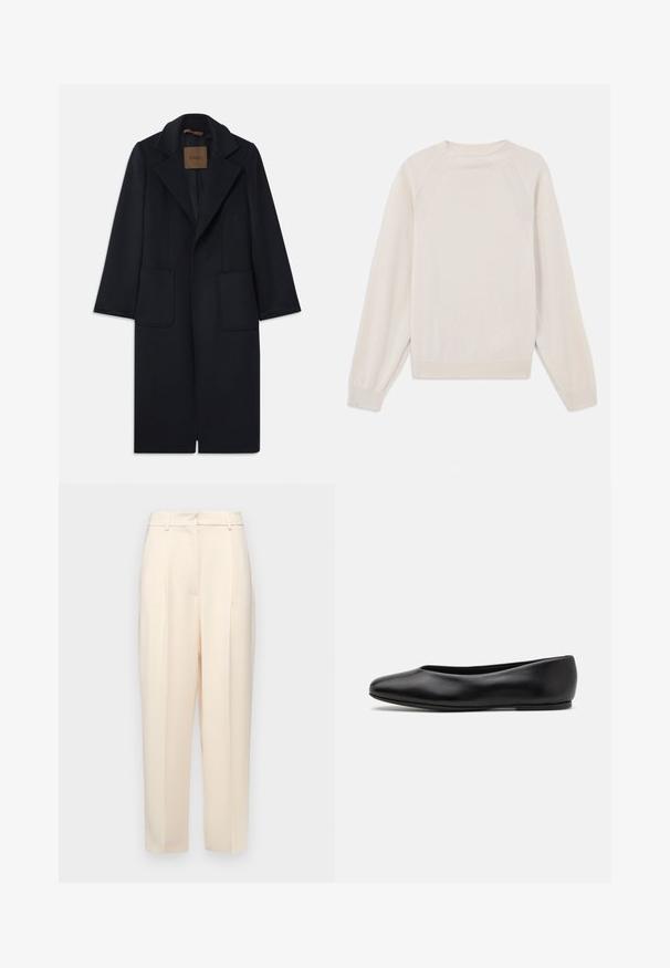 Marineblå uldfrakke med skræddersyet silhuet, spidse klapper, to lommer foran og lige skæring. Glat tekstur og minimalistisk detaljering.; Lyscremefarvet sweater lavet af blød strikstof. Har rund hals, lange ærmer og ribbede manchetter og kant med raglanærmedesign.; Beige skræddersyede bukser med en lige pasform, der har folder i fronten, en glat tekstur og en mellemhøj talje. Ingen synlige lommer.; Paul Smith TOPANGA - Ballerinasko - black