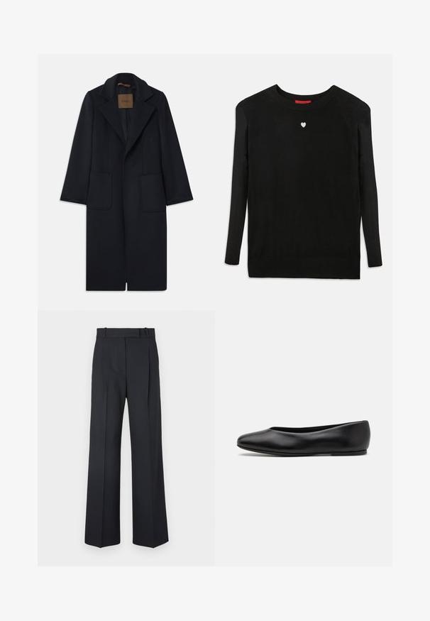 Marineblå uldfrakke med skræddersyet silhuet, spidse klapper, to lommer foran og lige skæring. Glat tekstur og minimalistisk detaljering.; Sort striktrøje med lange ærmer, rund halsudskæring og et lille hvidt hjerte på brystet. Blød tekstur og ribbede manchetter og kant.; Mørkeblå stribede bukser med høj talje, vidde bendesign og ingen synlig hardware eller dekorationer. Glat tekstur og skræddersyet pasform.; Paul Smith TOPANGA - Ballerinasko - black