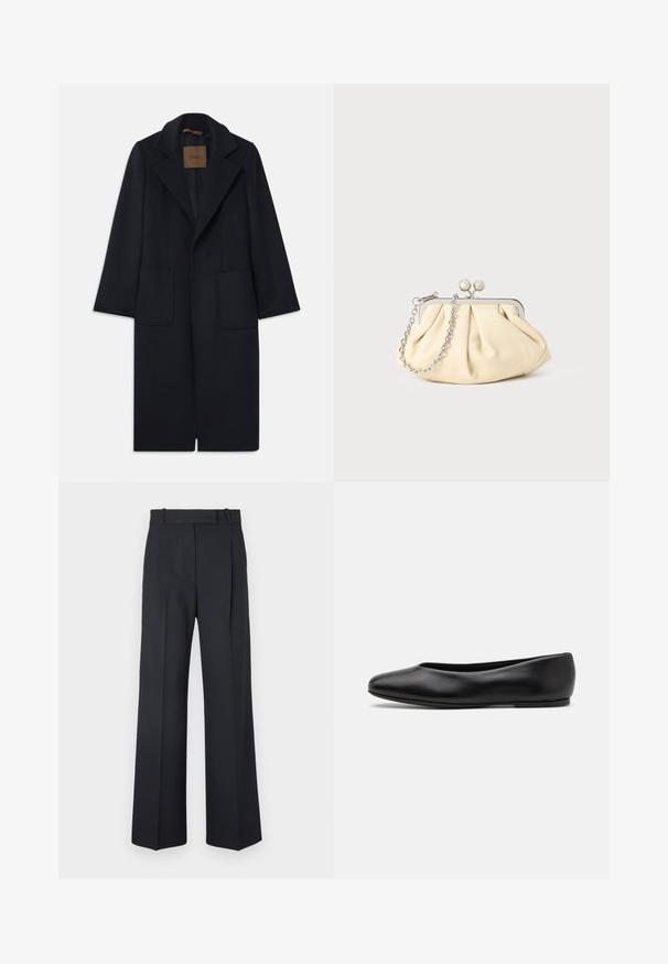 Marineblauer Wollmantel mit taillierter Silhouette, schmalen Revers, zwei vorderen Taschen und geradem Schnitt. Glatte Textur und minimale Details.; Schwarzer Strickpullover mit langen Ärmeln, Rundhalsausschnitt und einem kleinen weißen Herz auf der Brust. Weiche Textur sowie gerippte Bündchen und Saum.; Dunkelblaue Nadelstreifenhosen mit hoher Taille, weit geschnittenem Bein und ohne sichtbare Beschläge oder Verzierungen. Glatte Textur und taillierte Passform.; Paul Smith TOPANGA - Klassischer Ballerina - black; Faltige beigefarbene Ledertasche mit einem silbernen Metallrahmen, ausgestattet mit zwei runden dekorativen Verschlüssen und einem silbernen Kettenriemen.