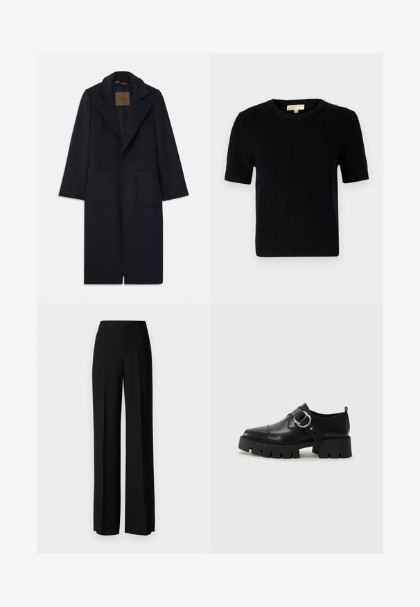 Cappotto di lana navy con silhouette su misura, revers a punta, due tasche frontali e taglio dritto. Texture liscia e dettagli minimi.; Maglione lavorato a maglia nero a maniche corte con scollo rotondo. Presenta una trama a coste e un orlo dritto. Etichetta sul colletto interno.; Pantaloni neri a gamba larga con una texture liscia, dotati di una vita alta e pieghe centrali. Nessun motivo visibile o dettagli in metallo.; Scarpe in pelle nera con suola spessa e rigata, dotate di un accento in metallo argentato a forma circolare e dettagli di cucitura minimal.