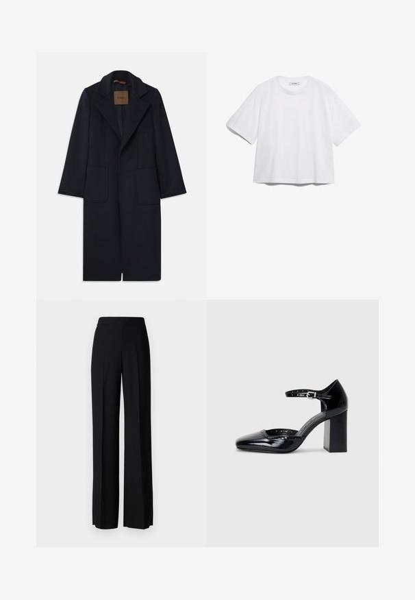 Jūras zila vilnas mēteli ar pielāgotu siluetu, ar atlocītiem klājiem, divām priekšējām kabatām un taisnu griezumu. Gluda tekstūra un minimāla apdare.; Baltas kokvilnas T-krekls ar īsām piedurknēm, apaļu kakla izgriezumu, brīvu piegriezumu un bez redzamām rakstu vai grafikas. Gluda tekstūra un vienkāršs dizains.; Melni platleği bikses ar gludu tekstūru, ar augstu jostasvietu un centrālajām krokām. Nav redzamu rakstu vai aparatūras detaļu.; Melna lakota ādas augstpapēžu kurpes ar kvadrātu purngalu, potītes siksniņu un masīlu papēdi. Iekļauj perforētu apdari gar malu.