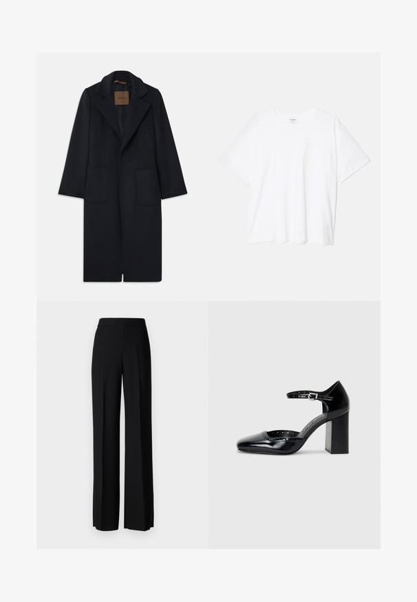 Námornícky vlnený kabát s klasickým strihom, s klopovými goliermi, dvoma prednými vreckami a priamym strihom. Hladká textúra a minimálne detaily.; Biely bavlnený tričko s krátkymi rukávmi, okrúhlym výstrihom, voľným strihom a prešitým lemom. Štítok viditeľný na vnútornom krku.; Čierne široké nohavice s hladkým povrchom, s vysokým pásom a stredovými skladmi. Žiadne viditeľné vzory ani hardvérové detaily.; Čierne lakované dámske topánky na vysokom opätku so štvorcovou špičkou, remienkom okolo členku a masívnym opätkom. Obsahuje perforované detaily pozdĺž lemu.