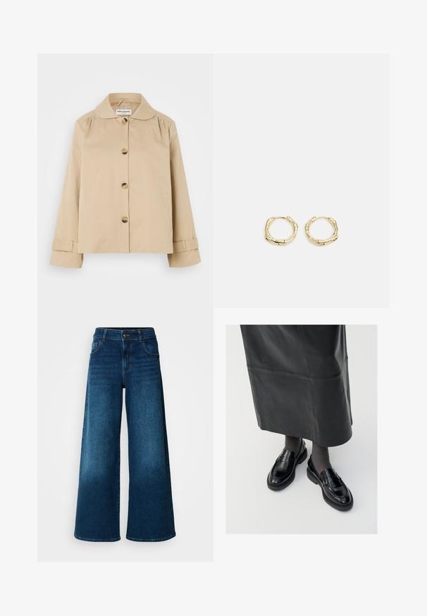 Beige cotton jacket with a rounded collar, front button closure, and two side pockets. Features gathered detailing at shoulders and cuffs.; White long-sleeve blouse with a collar, featuring textured embroidery in a diamond pattern and a buttoned placket. Soft, lightweight fabric.; Wide-leg jeans made of dark blue denim. Features a high waist, button closure, and classic five-pocket design with subtle fading.; Black leather loafers with a smooth finish, featuring a decorative strap, round toe, and textured sole. Worn with a long black leather skirt.; Gold hoop earrings with a textured, irregular shape. Features a seamless closure and a polished surface finish, emphasizing a modern design.