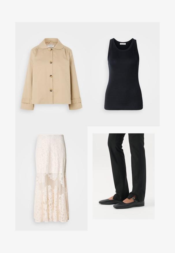 Beige puuvillatakki, jossa on pyöristetty kaulus, nappikiinnitys edessä ja kaksi sivutaskua. Lisääntyvää yksityiskohtaa olkapäissä ja hihansuissa.; Musta hihaton paita, joka on valmistettu pehmeästä ja joustavasta kankaasta. Siinä on pyöreä kaula-aukko ja leveät olkaimet, muotoiltu siluetti ja sileä rakenne.; Kermakuvioinen midi-hame; siinä on kerroksellinen rakenne, läpinäkyviä osia, teksturoitua pitsiä ja levenevä helma.; Musta nahkakengät balettityylillä, kärjessä terävä muoto, hihna hopeasoljella, yhdistetty mustiin räätälöityihin housuihin, joissa on halkiohelma.