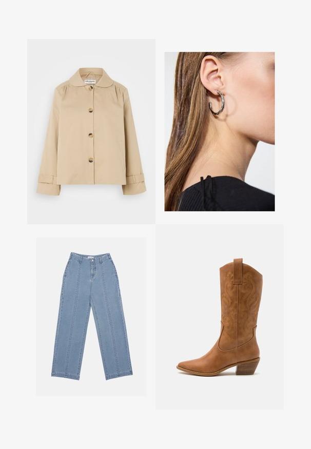 Chaqueta de algodón beige con cuello redondeado, cierre delantero de botones y dos bolsillos laterales. Presenta detalles fruncidos en los hombros y los puños.; Top negro sin mangas hecho de tela suave y elástica. Presenta un escote redondo y tirantes anchos, con una silueta ajustada y una textura suave.; Vaqueros de pierna ancha de color azul claro, hechos de denim. Presentan una cintura alta, cierre de botón y costuras visibles. No hay bolsillos visibles en la parte delantera.; Bota de vaquero de cuero marrón claro con punta afilada, patrones de espiral bordados en el tubo y un tacón bloque apilado. Cuenta con una pestaña de agarre para facilitar su uso.; Pendiente de aro de plata con un acabado pulido, que presenta pequeños detalles en dorado y una forma redonda, llevado en el lóbulo.