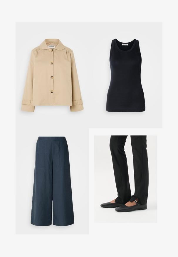 Beige katoenen jas met een ronde kraag, sluiting met knopen aan de voorkant en twee zijzakken. Kenmerkende plooidetails op de schouders en manchetten.; Zwarte tanktop gemaakt van zachte, rekbare stof. Heeft een ronde halslijn en brede schouderbanden, met een aansluitende snit en een gladde textuur.; Wijd-uitlopende broek in marineblauw, gemaakt van lichtgewicht stof. Heeft een licht getextureerd oppervlak, een elastische tailleband en voornaadse stiksels.; Zwarte leren balletschoenen met een puntige neus, bandje met een zilveren gesp, gecombineerd met zwarte nauwsluitende broek met een zijsplit.