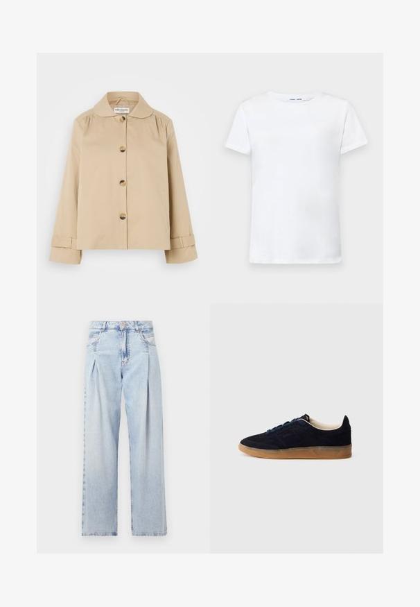 Beige színű pamut dzseki lekerekített gallérral, elöl gombos záródással és két oldalsó zsebbel. Ráncolt részletek találhatók a vállaknál és az ujjak végén.; Fehér, rövid ujjú póló, pamutból készült, kerek nyakkivágással. Sima textúrájú, egyenes vonalú, minta vagy díszítés nélkül.; Világoskék farmernadrág magas derekú, bő szabású, két oldalsó zsebbel és pliszírozott dizájnnal. Puha tapintású, elhalványított felület.; Tengerészkék színű nubuk bőr sportcipő barna gumitalppal, kék fűzőkkel és minimalista dizájnnal. Az oldalán dombornyomott logóval és sima belső béléssel.