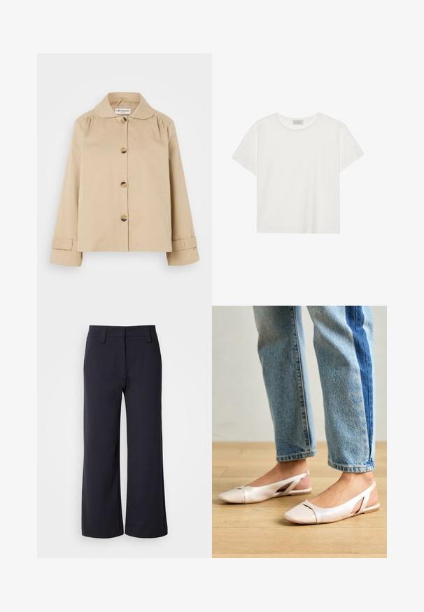 Beige színű pamut dzseki lekerekített gallérral, elöl gombos záródással és két oldalsó zsebbel. Ráncolt részletek találhatók a vállaknál és az ujjak végén.; Fehér, rövid ujjú póló, puha pamutból készült. Kerek nyakkivágással és laza szabással rendelkezik. Tiszta dizájn, látható minták vagy díszítések nélkül.; Sötét navy színű, bő szárú nadrág. Lapos elülső rész, övhurkok és oldalsó zsebek jellemzik. Az anyag sima, enyhe rugalmassággal rendelkezik.; Világos rózsaszín slingback laposlábú cipők, hegyes orral, sima bőrhatású anyagból készült. Oldalt kivágott részletek találhatók rajta, valamint lapos sarkú.