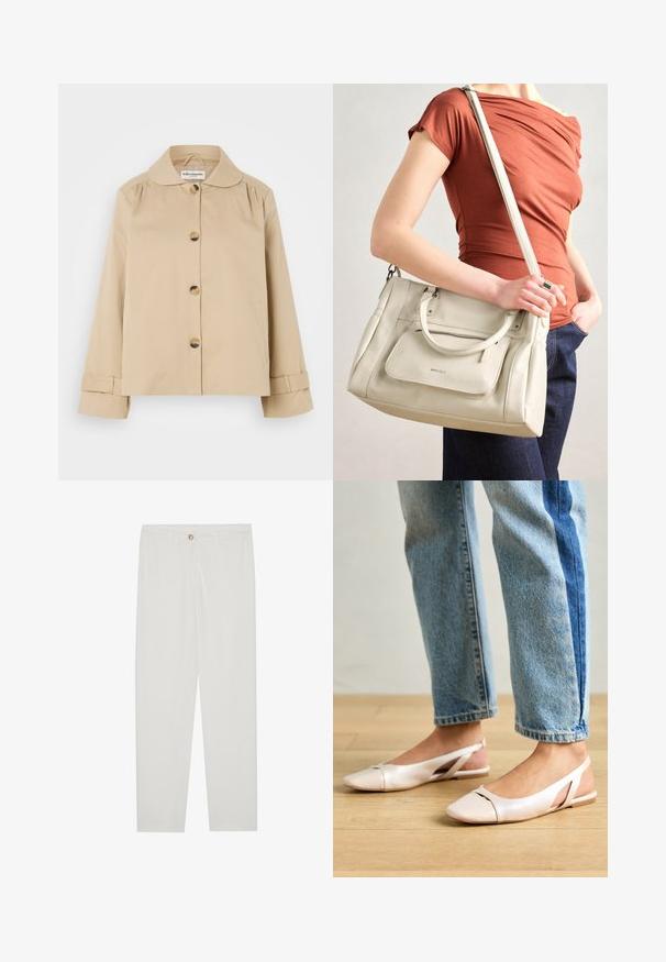 Beige katoenen jas met een ronde kraag, sluiting met knopen aan de voorkant en twee zijzakken. Kenmerkende plooidetails op de schouders en manchetten.; Witte T-shirt met korte mouwen, gemaakt van zachte katoen. Heeft een ronde halslijn en een relaxte pasvorm. Schoon ontwerp zonder zichtbare patronen of accenten.; Witte, op maat gemaakte broek met een rechte pijpdesign, featuring een knoopsluiting, riemlussen en zijzakken; gladde stoftextuur.; Zachtroze slingback ballerina's met een spitse neus, gemaakt van een glad leerachtig materiaal. Bevat uitsnijdingen aan de zijkanten en heeft een platte hak.; Witte leren handtas met dubbele handgrepen en een afneembare schouderband, met een voorzak met rits en een gladde textuur. Draagend aan de arm van een persoon.