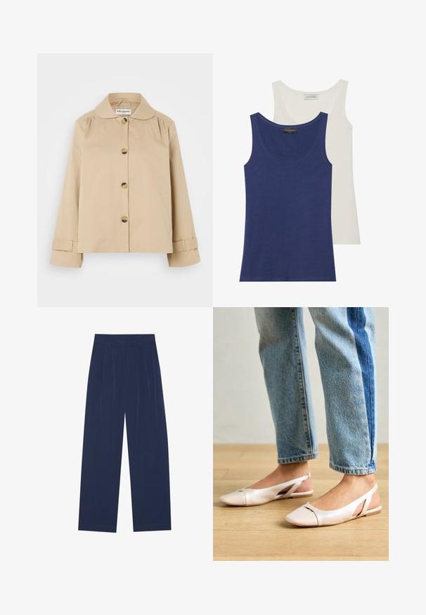 Bežová bavlnená bunda s okrúhlym golierom, predným zapínaním na gombíky a dvoma bočnými vreckami. Obsahuje načesané detaily na pleciach a manžetách.; Dve tielka: jedno námornícke modré a jedno krémové. Obidve majú zaoblený výstrih, jemnú štruktúru a jednoduchý dizajn. Na vrchu je viditeľná značka.; Námornícky modré nohavice s širokými nohavicami vyrobené z mäkkej tkaniny, s prednými skladmi, hladkou štruktúrou a rovnými siluetami bez viditeľných vreciek.; Svetloružové slingback baleríny s jemne špicatou špičkou, vyrobené z hladkého materiálu pripomínajúceho kožu. Majú výrezové detaily na stranách a plochý opätok.