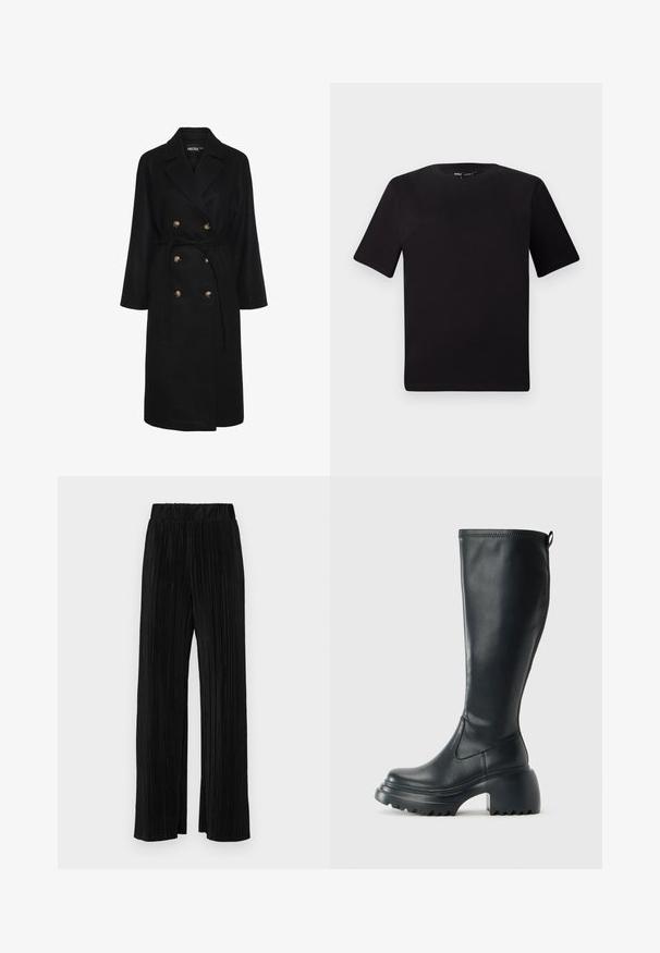 Casaco preto de duplo peitilho com cintura cingida, botões em tom dourado, lapelas largas e mangas longas; feito de um tecido macio e texturizado.; T-shirt preta de mangas curtas com decote redondo, feita de tecido de algodão suave. Design simples, sem logótipos ou padrões visíveis.; Calças pregueadas pretas com uma cintura elástica. Apresentam pernas largas e um tecido liso, texturizado com riscas verticais.; Bota preta de couro alta com sola de plataforma robusta e salto bloco, apresentando puxador e padrão texturizado na sola.