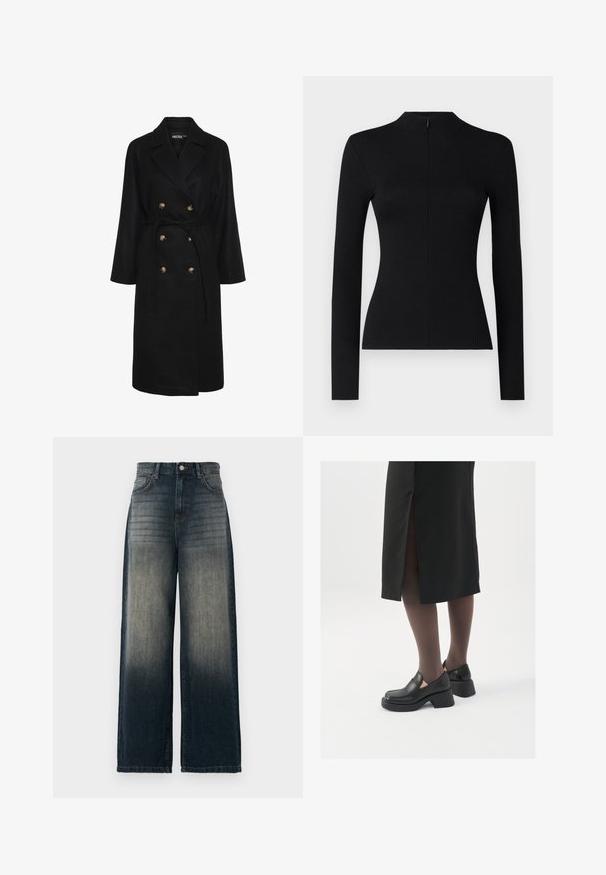 Svart dobbeltrad frakk med belte i midjen, gullfargede knapper, brede revers og lange ermer; laget av et mykt, teksturert stoff.; Svart langermet ribbestrikket topp med høy hals og glidelåsdetalj bak, med en tettsittende silhuett og myk tekstur.; Vidjeans i mørkt denim med vide ben, som har en falmende gradient fra mørk til lys, med fem lommer og kontraststing detaljer.; Sorte lærersko med rund tå, tykk blokkheel og elastiske sideaksenter, sammen med mørke strømpebukser og et svart skjørt med splitt.