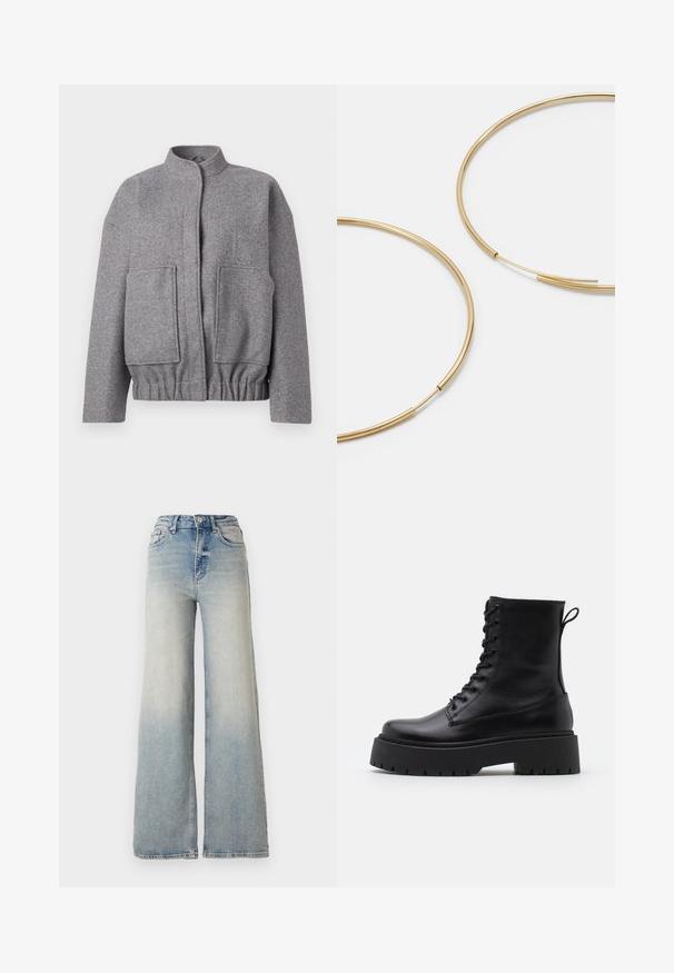 Šedá vlněná bunda s stojáčkem, spadlými rameny, dvěma předními kapsami a nařaseným pasem pro uvolněný střih.; Světle béžový svetr s dlouhým rukávem, ribbovanou strukturou, kulatým výstřihem a zvonovým lemem. Vyroben z jemné pleteniny.; Světle modré široké džínsy vyrobené z denimu, s vysokým pasem, pěti kapsami a viditelným švem podél švů.; Černé kožené kotníkové boty s kulatou špičkou, šněrováním na přední straně a silnou gumovou podešví s texturovaným vzorkem. S poutkem vzadu.; Zlaté kruhové náušnice, tenké a kulaté, s hladkým kovovým povrchem a bez zdobení či vzorů.