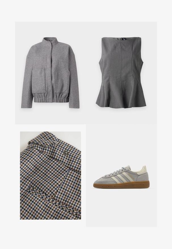 Grau melierte Wollmischung Jacke mit Stehkragen, überschnittenen Schultern, zwei Fronttaschen und einem gerafften Taillenbund für eine lockere Passform.; Graues Peplum-Top mit strukturiertem, ärmellosem Design. Hergestellt aus glattem Stoff, mit senkrechten Nähten und geradem Halsausschnitt.; Next REGULAR FIT - CHECK BARREL TAILORED - Stoffhose - brown; Graue Wildledersneaker mit hellgrauen Lederstreifen und einer Sohle aus Gummi. Zu den Merkmalen gehören eine Schnürung und dezente Markenkennzeichnung auf der Zunge.