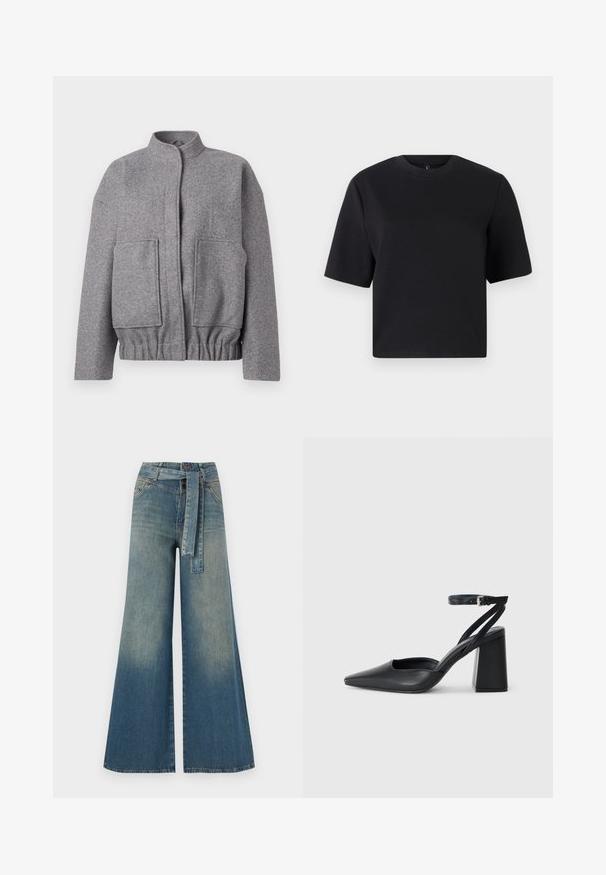 Šedá vlněná bunda s stojáčkem, spadlými rameny, dvěma předními kapsami a nařaseným pasem pro uvolněný střih.; Černé tričko s krátkým rukávem, kulatým výstřihem, vyrobené z hladké bavlněné tkaniny; volný střih, minimalistický design, žádné viditelné vzory nebo akcenty.; Džínové kalhoty širokého střihu s přechodem od světlé k tmavě modré, vysokým pasem, poutky na opasek a odpovídajícím opaskem ze stejného materiálu. Texturovaná džínovina.; Černé kožené lodičky se špičatou špičkou, kotníkovým páskem a silným podpatkem. Hladká textura, elegantní design a minimalistická estetika.