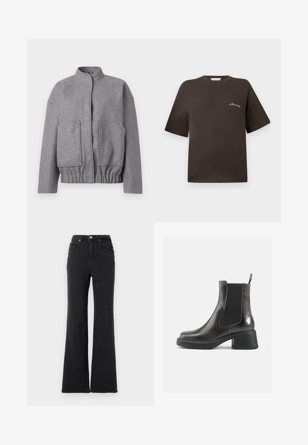 Siva jakna od vune s podlogom, s visokom ovratnikom, spuštenim ramenima, dva prednja džepa i nabranim strukom za opušteni kroj.; Smeđa pamuk majica s kratkim rukavima, opuštenog kroja, okruglog izreza, sa malim bijelim vezivom na lijevoj strani prsnog dijela.; Crne traperice visokog struka s proširenim nogavicama, prednjim dugmetom i dizajnom s pet džepova na jednostavnoj bijeloj pozadini.; Crne kožne gležnjače s glatkom završnom obradom, elastičnim bočnim panelima i debelim potplatom. Imaju kuku za lakše obuvanje.
