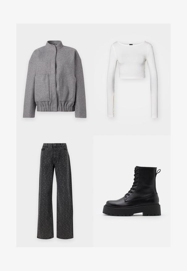 Chaqueta de mezcla de lana gris con cuello alzado, hombros caídos, dos bolsillos frontales y cintura fruncida para un ajuste relajado.; Gina Tricot SOFT TOUCH CROPPED TOP - Camiseta de manga larga - pristine; Noisy May NMJANNEL LOOSE - Vaqueros boyfriend - black denim; Botas de cuero negras hasta el tobillo con punta redonda, cordones en la parte delantera y una suela de goma gruesa con un dibujo texturizado. Tirador en la parte trasera.
