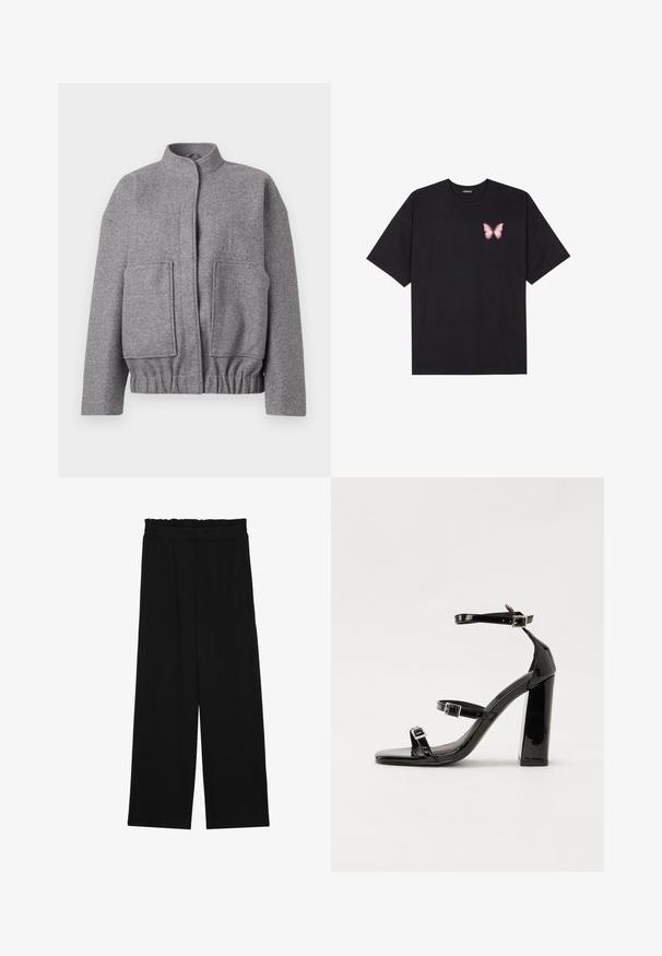 Szürke gyapjúkeverék dzseki állógallérral, ejtett vállakkal, két elülső zsebbel és összegyűrt derékkal a laza illeszkedésért.; Fekete pamut póló rövid ujjakkal, bal mellkason egy kis rózsaszín pillangó grafikával. Kerek nyakú kialakítás, laza fazonnal.; Fekete, bőszárú nadrág fodros derékrésszel, két oldalsó zsebbel és sima, könnyű anyagból. Nincsenek látható minták vagy fémalkatrészek.; Fekete lakk magas sarkú szandál négyzet alakú orral, bokapántokkal és ezüst csatokat tartalmaz. Masszív blokk sarka a stabilitásért felel.