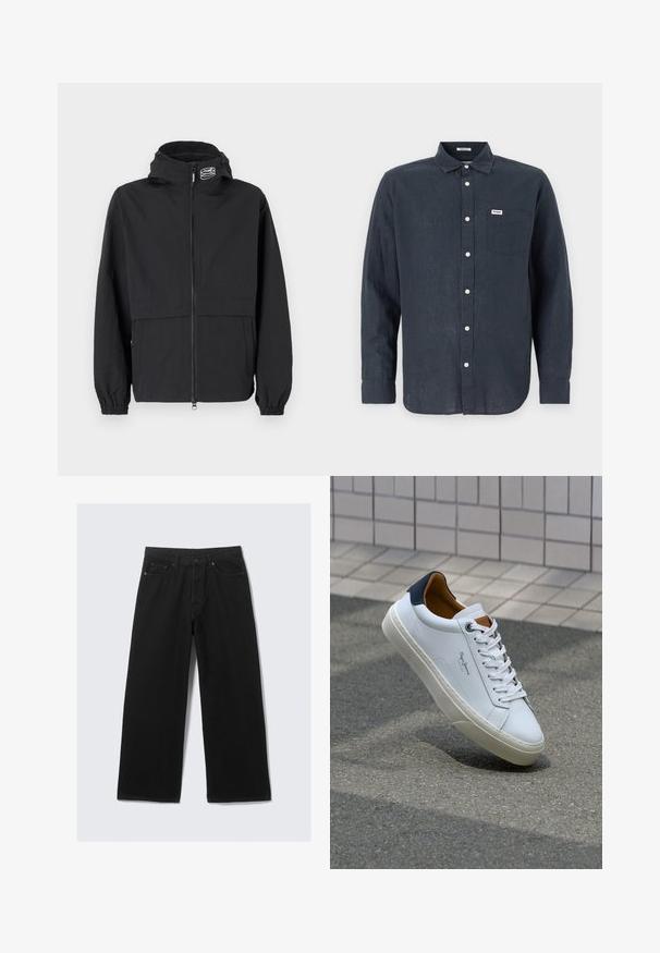 Črna vetrovka z zadrgo spredaj, elastičnimi manšeti in kapuco. Ima žep na prsih in gladko, lahko tkanino.; Temno modra srajca z dolgimi rokavi iz lanenega materiala z ovratnikom s gumbi, sprednjim žepom in belimi gumbi. Na žepu je logo Wrangler.; Črne hlače širokih nogavic iz denima, z klasičnim petim žepnim dizajnom in strukturiranim pasom z zankami za pas.; Beli usnjeni čevelj s plavo peto, okrogelimi prsti in kontrastnimi rjavimi detajli. Ima ravne vezalke in teksturiran gumijast podplat.