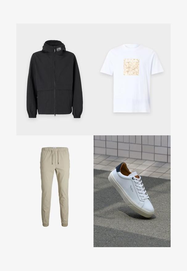 Juodas vėjaraščių striukė su užtrauktuku priekyje, elastinėmis rankogaliais ir užtraukiama kapuce. Yra krūtinės kišenė ir glotni, lengva medžiaga.; Balta medvilninė marškinė, puošti kvadratiniu béžiniu grafiniu raštu centre su tekstūrine danga. Trumpomis rankovėmis ir apvalia iškirpte.; Bežinės siaurėjančios sportinės kelnės su elastiniu juosmeniu, šniūreliais ir kulkšnies apyrankėmis, pagamintos iš minkštos medžiagos. Pasižymi lygiu tekstūra ir minimalistiniu dizainu.; Balti odiniai sportbačiai su mėlynu kulnu, apvalia nosimi ir kontrastingais rudais akcentais. Aptakios raišteliai ir tekstūruota guma.