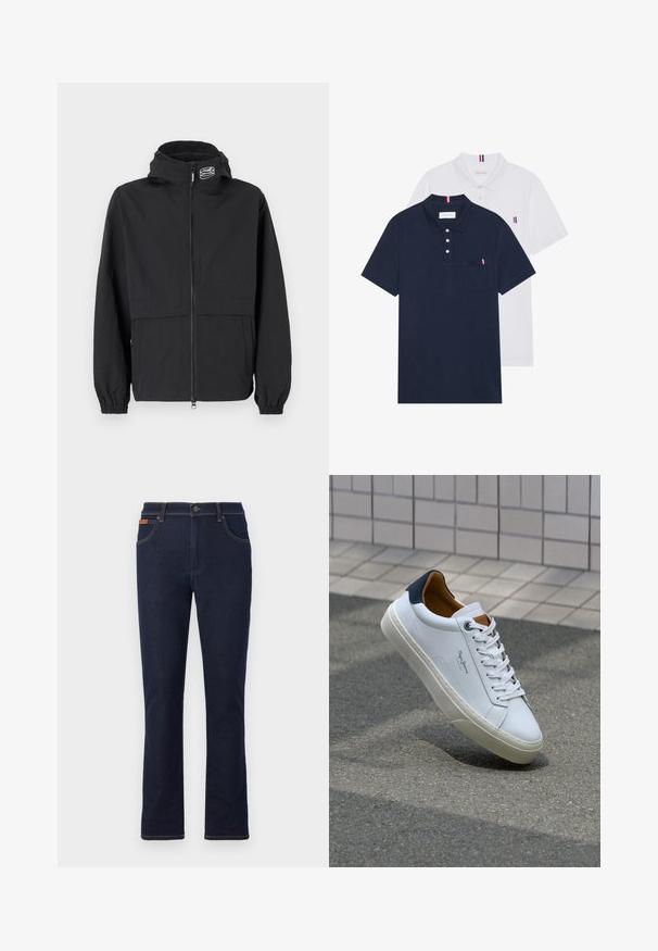 Schwarze Windjacke mit Reißverschluss, elastischen Bündchen und Kapuze. Mit einer Brusttasche und glattem, leichtem Stoff.; Zwei Poloshirts: eines in marineblau und eines in Weiß, beide mit einem kleinen rot, weiß und blauen Akzent auf der Brusttasche und dem Kragen.; Dunkelblaue Jeans mit geradem Beinschnitt, ausgestattet mit orangefarbenen Nähten, fünf Taschen und einem Knopfverschluss an der Taille.; Weiße Ledersneaker mit navyfarbenem Fersenbereich, runder Zehenpartie und kontrastierenden braunen Akzenten. Verfügt über flache Schnürsenkel und eine strukturierte Gummisohle.