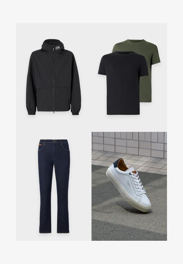 Black windbreaker jacket with a zippered front, elastic cuffs, and a hood. Features a chest pocket and smooth, lightweight fabric.; Two crew-neck t-shirts in black and olive green, made of soft cotton fabric. The design is simple with short sleeves and a straight cut.; Dark blue denim jeans with a straight leg cut, featuring orange stitching, five pockets, and a button closure at the waist.; White leather sneaker with a navy heel, round toe, and contrasting brown accents. Features flat laces and textured rubber sole.