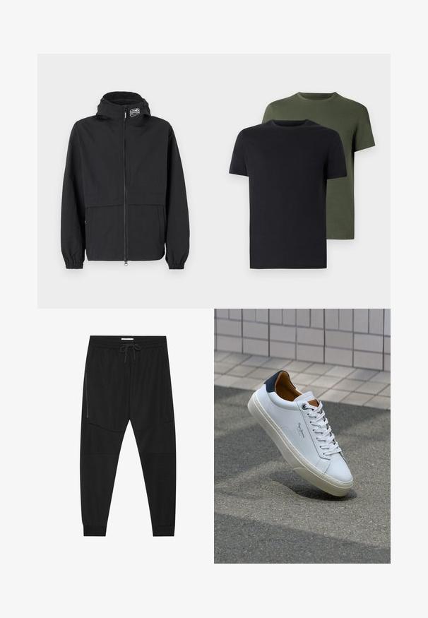 Black windbreaker jacket with a zippered front, elastic cuffs, and a hood. Features a chest pocket and smooth, lightweight fabric.; Two crew-neck t-shirts in black and olive green, made of soft cotton fabric. The design is simple with short sleeves and a straight cut.; Black athletic pants made of textured fabric, featuring an adjustable waistband, zippered side pocket, and tapered cuffs.; White leather sneaker with a navy heel, round toe, and contrasting brown accents. Features flat laces and textured rubber sole.