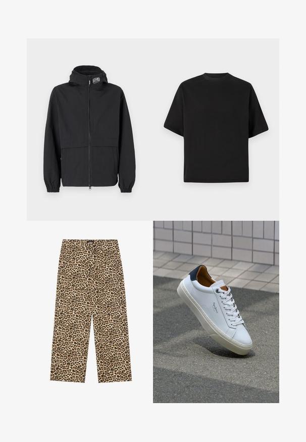 Zwarte windjack met een ritssluiting aan de voorkant, elastische cuffs en een capuchon. Voorzien van een borstzak en van een gladde, lichtgewicht stof.; Zwarte T-shirt met korte mouwen in een losse pasvorm, gemaakt van zachte katoen, met een ronde halslijn en een minimalistisch ontwerp.; YOURTURN UNISEX - Relaxed fit jeans - beige/black; Witte leren sneaker met een marineblauwe hiel, ronde neus en contrasterende bruin accent. Beschikt over platte veters en een gestructureerde rubberen zool.