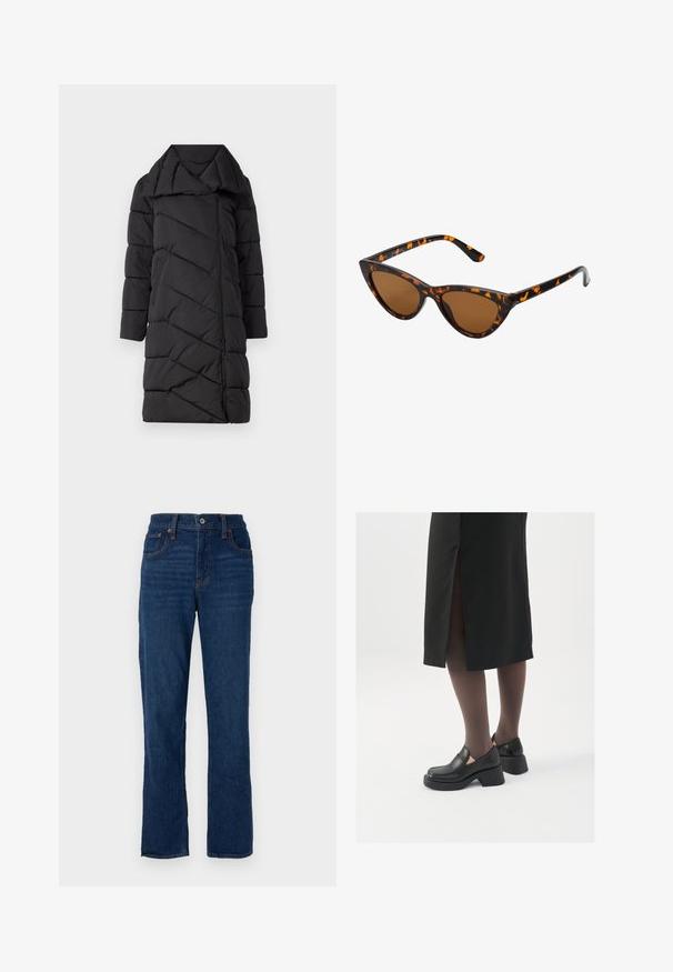 Svart pufferjakke med diagonal quiltet mønster, overdimensjonert krage, frontglidelås og trekvartlange ermer. Glatt, teksturert stoff.; Teal genser med hette og snor, lange ermer og ribbestrikkede mansjetter. Laget av mykt stoff med en avslappet passform.; Mørkeblå denim jeans med rett ben, fem lommer, oransje sømmer og knappelukking i midjen.; Sorte lærersko med rund tå, tykk blokkheel og elastiske sideaksenter, sammen med mørke strømpebukser og et svart skjørt med splitt.; Kattøye solbriller med en svart og oransje skjellramme, brune linser og elegante, spisse tupper. Har en minimalistisk logo på stangen.