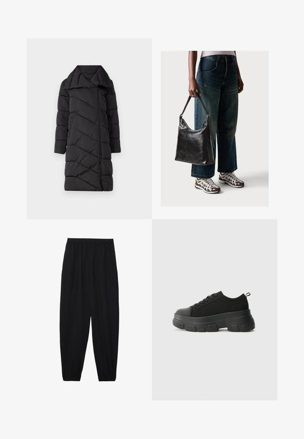 Melnā pūkudrāna jaka ar diognālu izšuvumu, pārmērīgu apkakli, priekšējo rāvējslēdzēju un trīs ceturtdaļu garuma piedurknēm. Gluda, teksturēta auduma.; Melna kokvilnas T-kreklu ar īsām piedurknēm, virs baltas garām piedurknēm ar smalku teksturētu rakstu. Apaļas kakla izgriezuma dizains.; Melnas, vieglas bikses ar elastīgu jostu un savilktiem potītiem. Audums ir gluds un to raksturo brīva, sašaurināta forma.; Melnas kedas ar masīvu gumijas zoli, teksturētu auduma augšdaļu, apaļu purngalu un saistīšanas dizainu. Iekļautas pastiprinātas acs atveres un aizmugurējais cilpiņas siksniņa.; Melna ādas pleca soma ar gludu tekstūru un regulējamu siksnu, saskaņota ar izbalējušām platām biksēm un sportiskām kedām.