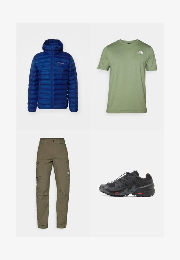 Casaco puffer azul com capuz, apresentando seções acolchoadas, fecho éclair frontal e uma marcação no lado esquerdo do peito. Textura de tecido suave e brilhante.; Camiseta de manga curta verde oliva feita de tecido suave. Possui um decote redondo e um logotipo branco no lado esquerdo do peito. Textura suave por todo o material.; Calças cargo em tecido verde-oliva, com vários bolsos laterais, fecho de correr e um detalhe de logótipo na coxa esquerda.; Sapatilha de corrida preta com parte superior em sintético, design texturizado e detalhes em vermelho contrastante. Apresenta um sistema de atilho seguro e sola robusta.