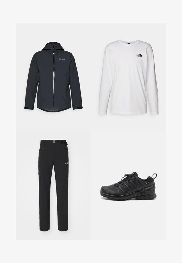 Berghaus ARNABY czarny; Biała koszulka z długim rękawem wykonana z bawełny, z okrągłym dekoltem. Posiada małe czarne logo na piersi. Gładka faktura, regularny krój.; Czarne spodnie na zewnątrz z gładkiego materiału, boczne kieszenie na zamek, wzmocnione partie na kolanach oraz regulowany pas z klamrą.; Czarny but sportowy z teksturowanym syntetycznym wierzchem, amortyzowaną podeszwą i systemem szybkiego sznurowania. Posiada wzmocniony nos i piętę.