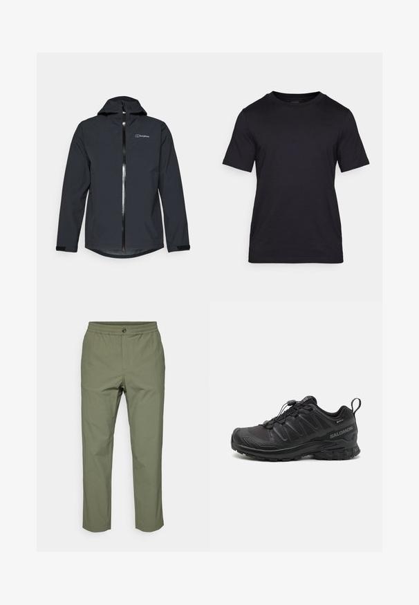 Berghaus ARNABY HOODED - Hardshell striukė - black; Juodas marškinėliai, pagaminti iš lygaus audinio, su apvalia kaklo iškirpte ir trumpomis rankovėmis. Subtilus prekės ženklas juodai atspausdintas ant krūtinės.; Olivinės žalios spalvos kelnės, pagamintos iš lengvos medžiagos, su elastinga juosmens juosta, sagos uždarymu ir tiesiomis kojomis, be matomų raštų.; Juodas sportinis batas su tekstūruotu sintetiniu apvalkalu, paminkštintu padu ir greito užrišimo sistema. Yra sustiprinta nosis ir kulnas.