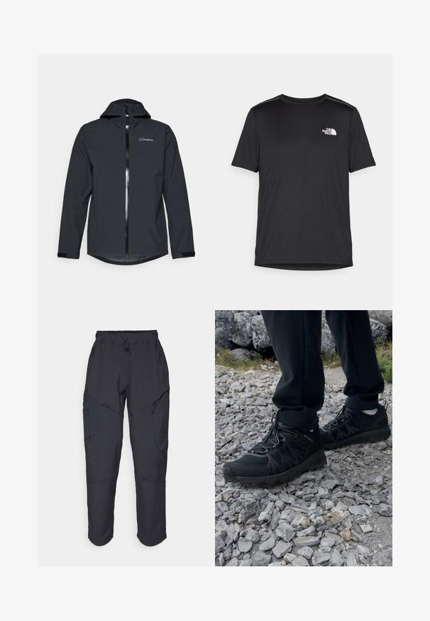Berghaus ARNABY HOODED - Hardshelljacke - black; Schwarzes T-Shirt mit kurzen Ärmeln aus leichtem Stoff. Mit einem kleinen weißen Logo auf der linken Brust und dezenten Akzenten an den Schultern.; Schwarze Cargo-Hosen aus leichtem, wasserabweisendem Material; verfügen über einen elastischen Bund, mehrere Reißverschlusstaschen und schmal zulaufende Beine.; Schwarze Outdoor-Schuhe aus Mesh und synthetischem Material, mit einer strukturierten Oberseite, gesichertem Schnürsystem und griffiger Laufsohle, auf felsigem Gelände.