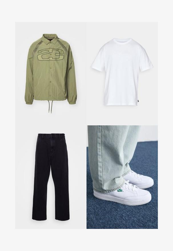 Olive roheline kerge jakk, millel on klõpsuga sulgemine, võrkmaterjalist detailid ja kontrastne must logo graafika esiküljel. Reguleeritav alumine serv.; Valge puuvillane t-särk lühikeste varrukatega ja ümmarguse kaelusega. Sellega on kaasas väike, tagasihoidlik Nike logo rinnal ja külgmine silt.; Mustad denimitüüpi püksid otse lõikega, varustatud nööbi ja tõmbluku kinnitusega, vöörihmadega ning minimaalsete õmbluse detailidega.; Valged nahast tennisetossud rohelise Nike logo ja ümarate varvastega, lamedate taldadega, koos helesiniste teksapükstega, esitatud sinisel vaibal.