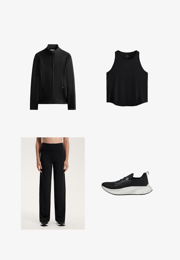 Črn zip-up jopič z visokim ovratnikom, sprednjimi žepi, gladko teksturo, dolgimi rokavi in subtilnim šivnim detajlom. Ravninska zasnova, brez vzorcev ali logojev.; Črna brezrokavna bluza iz gladkega materiala, ki ima okroglo izrezovanje, raven kroj in stranske panele z rahlo teksturo.; Črne široke športne hlače z visokim pasom. Narejene iz gladkega, raztegljivega materiala, z udobnim fitom in rahlo teksturo.; Črne atletske čevlje s teksturiranim zgornjim delom, belim oblazinjenim podplatom in diskretnim logotipom. Imajo zanko za lažje obuvanje in vezalni sistem.