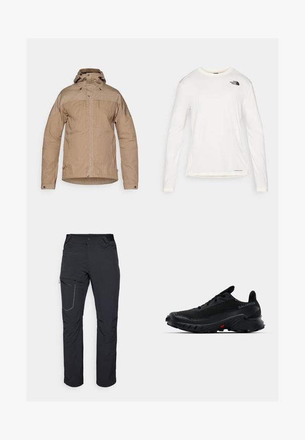 Šviesiai rudas švarkas su aukštu apykakle, užtrauktuku, snap užsegimais ir raišteliu reguliuojama kapišonu. Pagamintas iš struktūrinės medžiagos su kontrastingais pečių elementais.; Balta ilga rankove marškiniai su apvalia iškirpte, tekstūruota medžiaga, juodas logotipas kairėje petyje ir subtilus prekės ženklas apačioje.; Juodos lauko kelnės su užtrauktuku šlaunies kišenėje, elastinga juosmeniu ir lygiu, vandens nepraleidžiančiu audiniu. Tinkama dizaino forma be matomų logotipų.; Juodi sportiniai batai su tekstūruotu viršumi, apvaliu priekiu ir ryškiu guminio pado apvadu. Yra logotipas šone ir raudonos detalės padu.