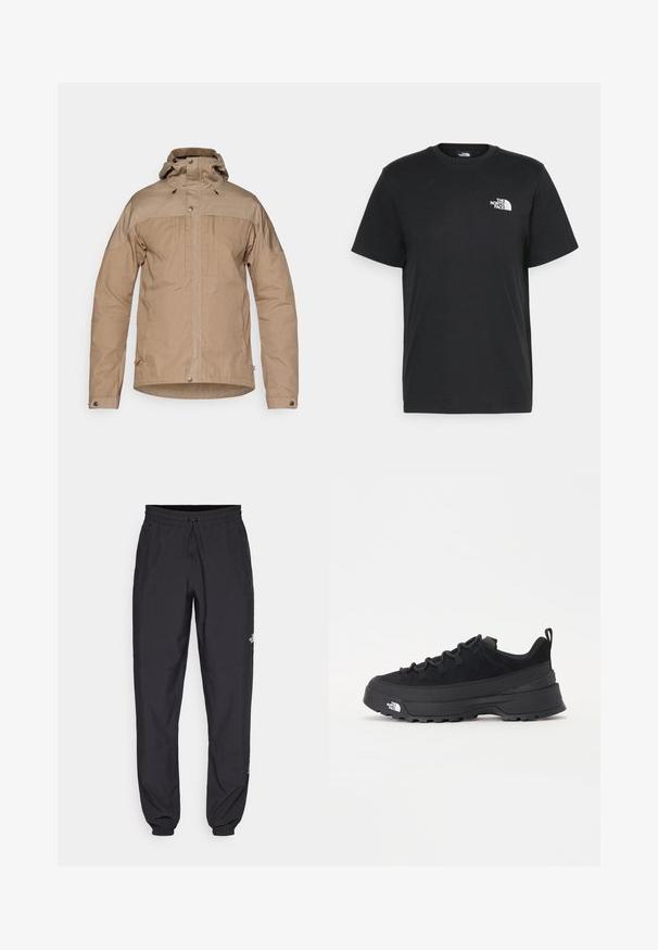 Veste marron clair avec col montant, fermeture éclair, boutons-pression et capuche à cordon. Fabriquée en tissu texturé avec des empiècements contrastants aux épaules.; T-shirt en coton noir à manches courtes, col rond, avec un petit logo blanc sur la poitrine gauche. Design simple, texture lisse et coupe décontractée.; Pantalon de sport noir en tissu léger, avec une taille à cordon, des poches latérales et des chevilles resserrées.; Baskets de plein air noires avec une tige en daim, semelle en caoutchouc texturé et un système de laçage robuste. Comprend un talon renforcé et un logo de la marque sur le côté.