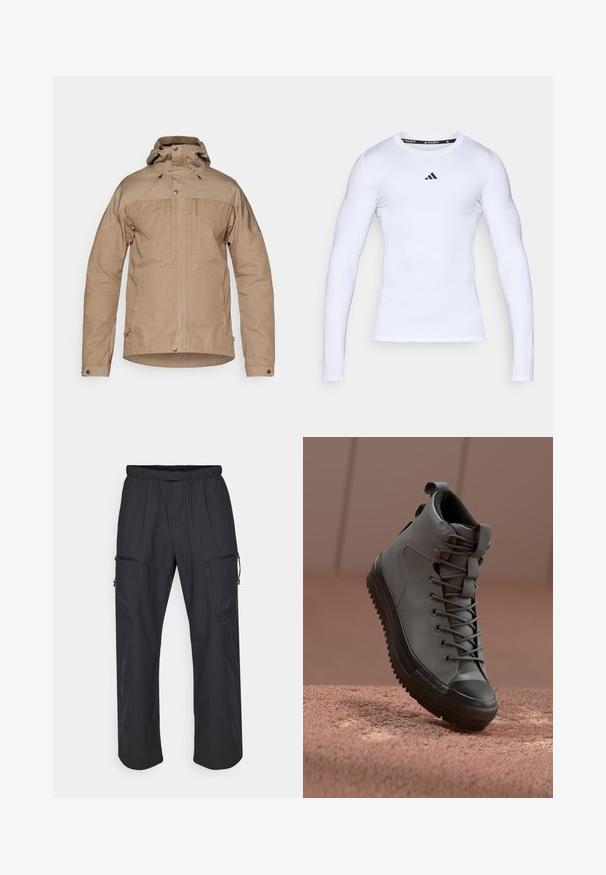 Világosbarna dzseki magas gallérral, cipzáras záródással, patentgombokkal és húzózsinóros kapucnival. Texturált anyagból készült, kontrasztos vállpanelek díszítik.; Fehér, hosszú ujjú sportruházat, rugalmas szövetből készült, kerek nyakkivágással és fekete Adidas logóval a mellkason.; Fekete cargo nadrág, rugalmas derékkal, két cipzáras zsebbel és könnyű, sima szövet textúrával.; Magas szárú sportcipő szürke bőrből, texturált felülettel, fekete gumi orrésszel és szürke fűzővel. A sarkán húzófül található.