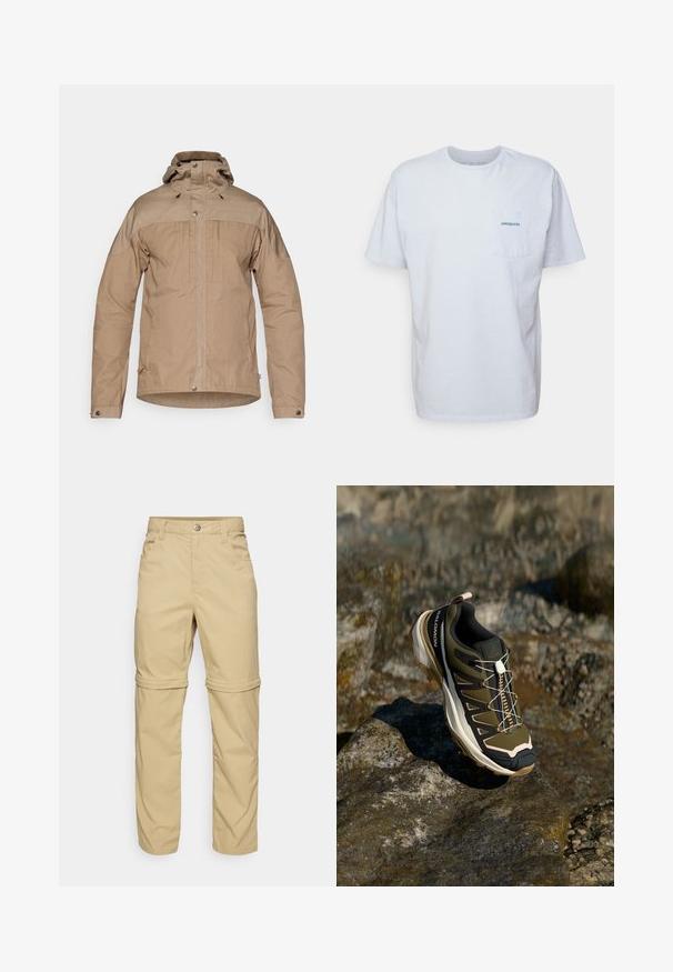 Gaiši brūns žakets ar augstu apkakli, ar rāvējslēdzēju, spiedpogu aizdari un regulējamu kapuci. Izgatavots no teksturēta auduma ar kontrastējošām plecu daļām.; Balts kokvilnas T-krekls ar īsām piedurknēm, apaļu kakla izgriezumu un kreisajā krūtī kabatu ar zilu "Patagonia" logotipu. Klasiska piegriezuma ar gludu struktūru.; Beige izņemamās bikses ar gludu tekstūru, kas aprīkotas ar divām sānu kabatām, pogu aizdari un ar iespēju uzrullēt piedurknes, lai nodrošinātu daudzveidību.; Tūrisma apavi olīvzaļā un melnā krāsā ar rozā akcentiem. Iespējas ietver teksturētu virsu, elastīgu zoli, pastiprinātu purngalu un krāsainu šņorējuma sistēmu.